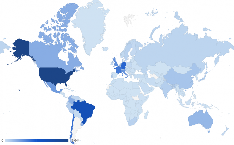 Distribución global de colaboración internacional. Fuente: Gerencia de Organización y Sistemas – CONICET